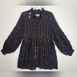 Anthropologie Women's Black and Gold Sequin Blouse Size S